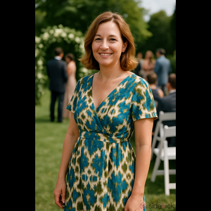 4/$25 Deal! Jones New York Teal, Olive & Cream Printed V-Neck Summer Dress